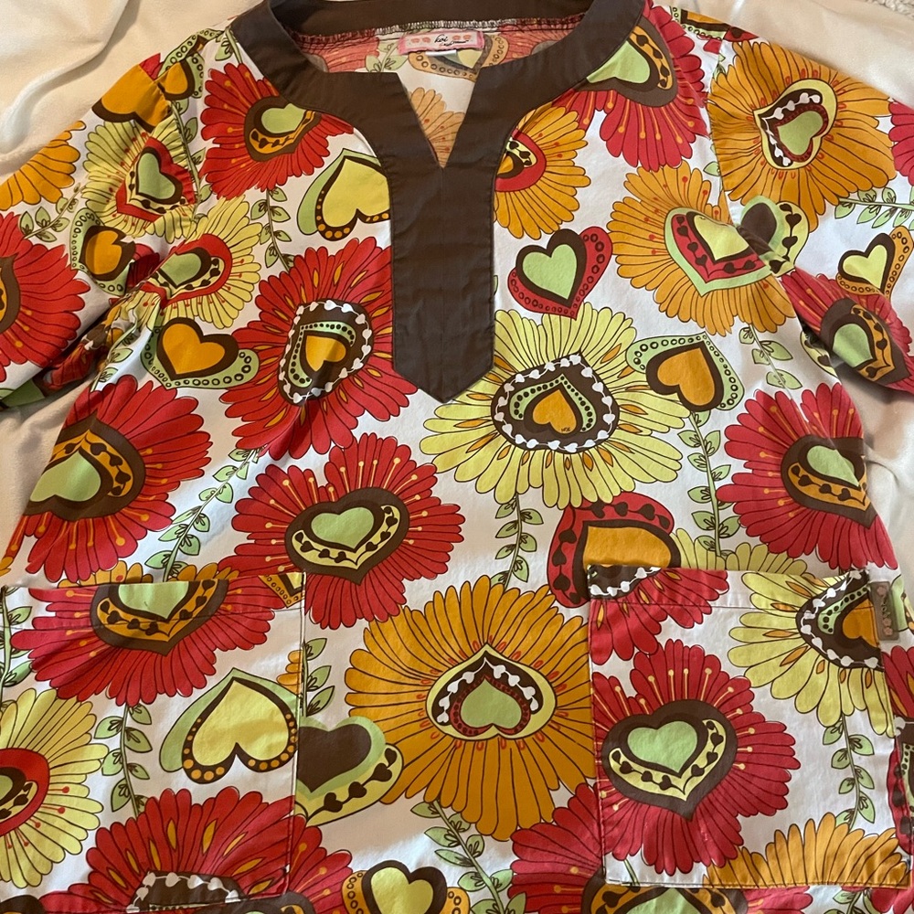 Koi  Heart and Flower Scrub Top - Red, Yellow, Green